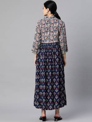 Blue printed viscose rayon long-dresses 3