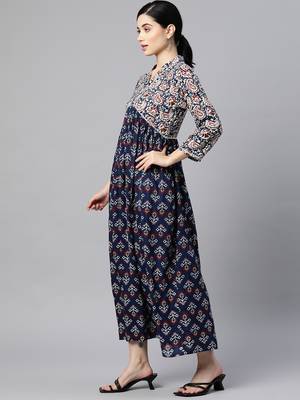 Blue printed viscose rayon long-dresses 4