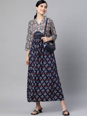 Blue printed viscose rayon long-dresses 5