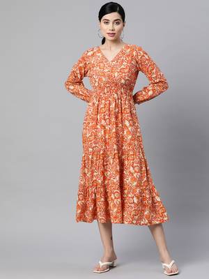Orange printed cotton long-dresses 1