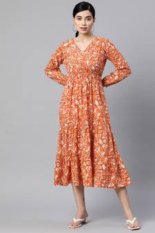 Orange printed cotton long-dresses