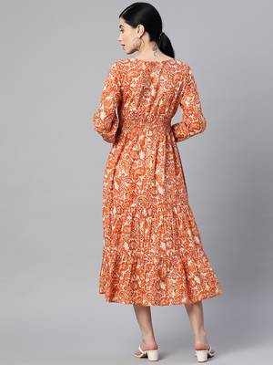 Orange printed cotton long-dresses 3