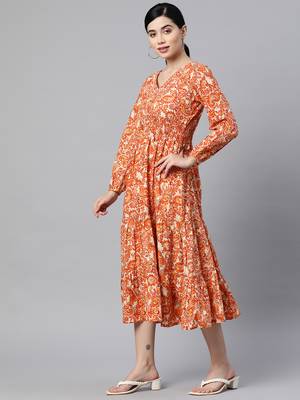 Orange printed cotton long-dresses 4