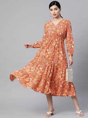 Orange printed cotton long-dresses 5