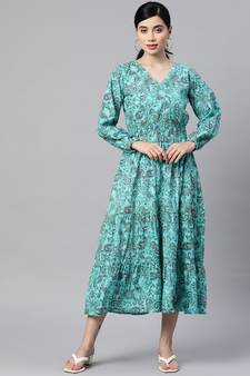 Sky-blue printed cotton long-dresses