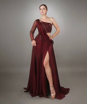 Wine One Shoulder Gown  1