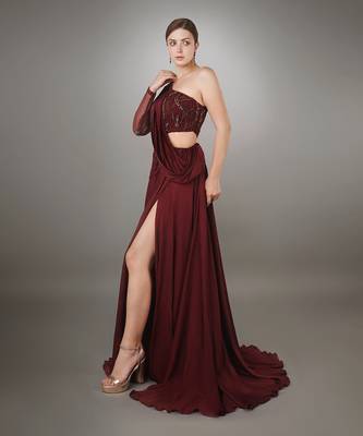 Wine One Shoulder Gown  2