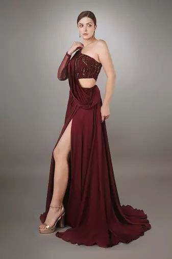 Wine One Shoulder Gown 