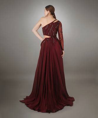 Wine One Shoulder Gown  4