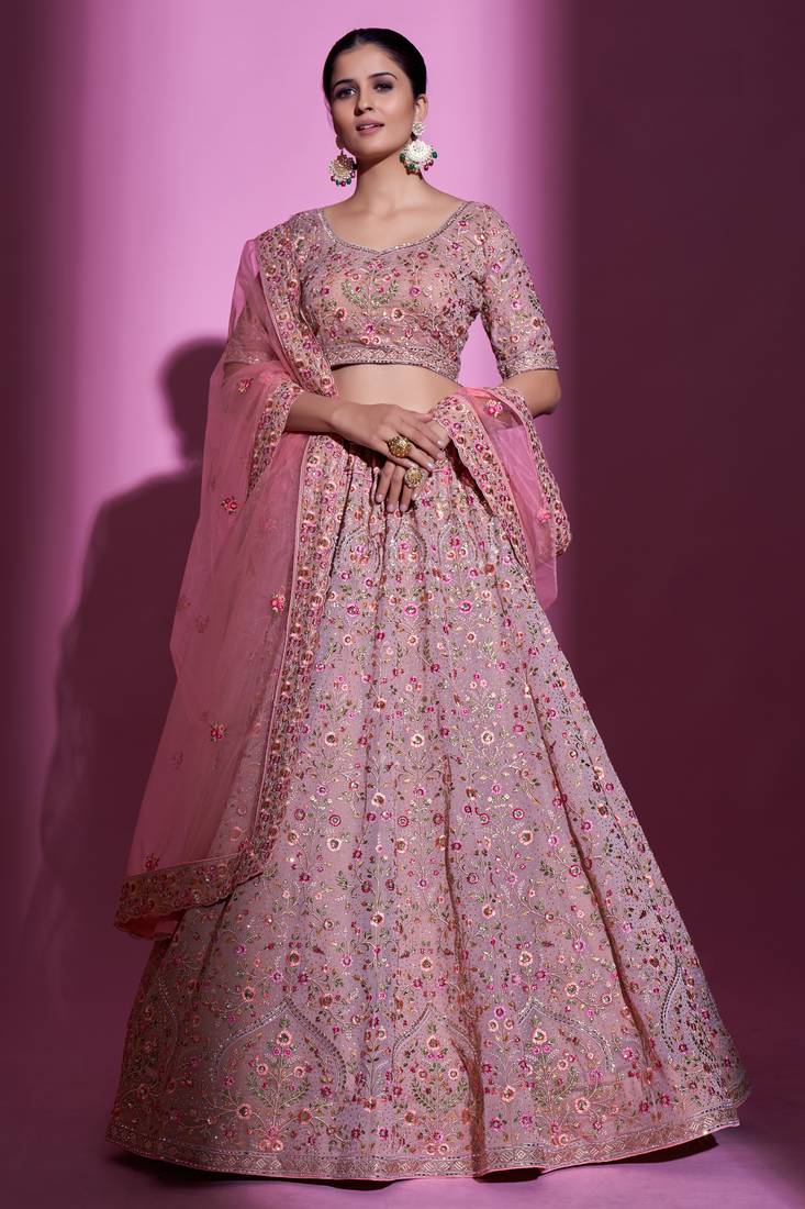 MAUVE EMBROIDERED GEORGETTE FESTIVE & PARTY WEAR SEMI STITCHED LEHENGA
