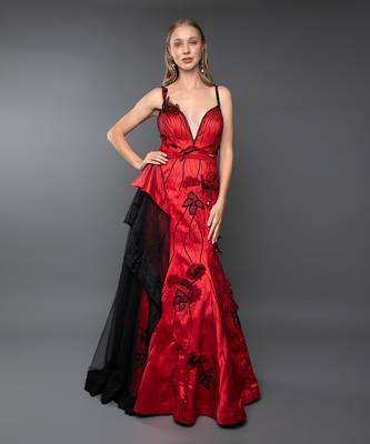 Red Plunging Neckline Structured Cone Detailing Side  Trail Gown 1