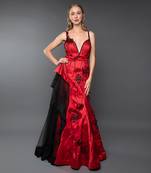 Red Plunging Neckline Structured Cone Detailing Side  Trail Gown