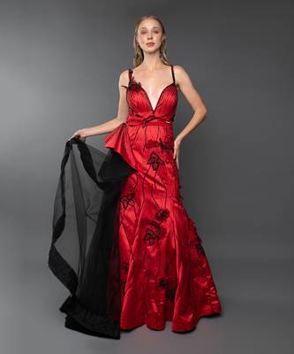 Red Plunging Neckline Structured Cone Detailing Side  Trail Gown 2