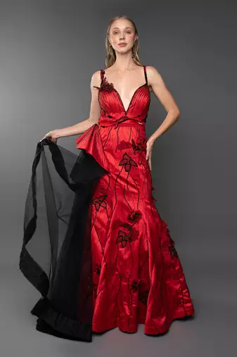 Red Plunging Neckline Structured Cone Detailing Side  Trail Gown