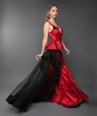 Red Plunging Neckline Structured Cone Detailing Side  Trail Gown 3