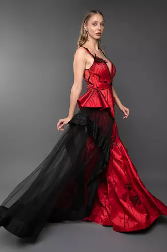 Red Plunging Neckline Structured Cone Detailing Side  Trail Gown
