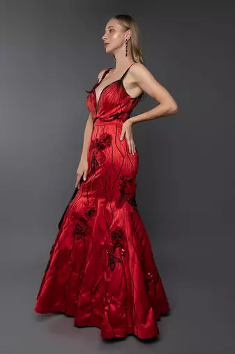 Red Plunging Neckline Structured Cone Detailing Side  Trail Gown