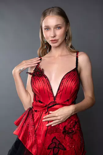 Red Plunging Neckline Structured Cone Detailing Side  Trail Gown