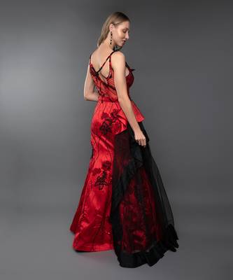 Red Plunging Neckline Structured Cone Detailing Side  Trail Gown 6