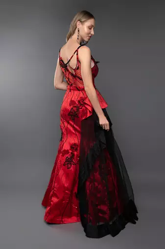 Red Plunging Neckline Structured Cone Detailing Side  Trail Gown