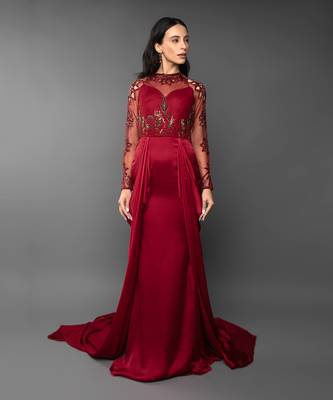 Blood Red Coloured Trail Drape Gown  1