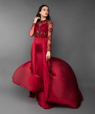 Blood Red Coloured Trail Drape Gown  2