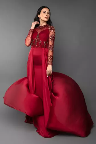 Blood Red Coloured Trail Drape Gown 