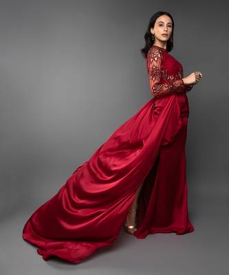 Blood Red Coloured Trail Drape Gown  3