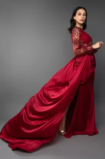 Blood Red Coloured Trail Drape Gown 
