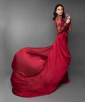 Blood Red Coloured Trail Drape Gown  4