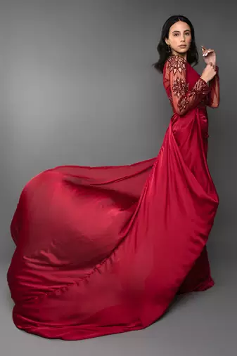 Blood Red Coloured Trail Drape Gown 