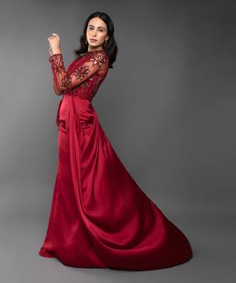 Blood Red Coloured Trail Drape Gown  5