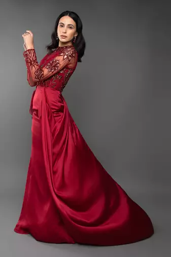 Blood Red Coloured Trail Drape Gown 