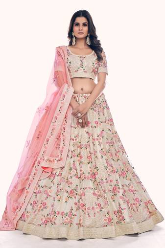 WHITE THREAD AND SEQUINS EMBROIDERED SOFT NET FESTIVE & PARTY WEAR SEMI STITCHED LEHENGA