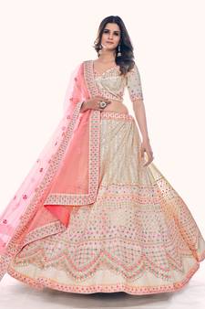 WHITE THREAD AND SEQUINS EMBROIDERED SOFT NET FESTIVE & PARTY WEAR SEMI STITCHED LEHENGA
