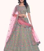 GREEN THREAD AND SEQUINS EMBROIDERED GOTA SILK FESTIVE & PARTY WEAR SEMI STITCHED LEHENGA