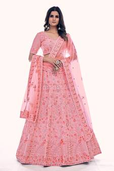 PINK THREAD AND SEQUINS EMBROIDERED SOFT NET FESTIVE & PARTY WEAR SEMI STITCHED LEHENGA
