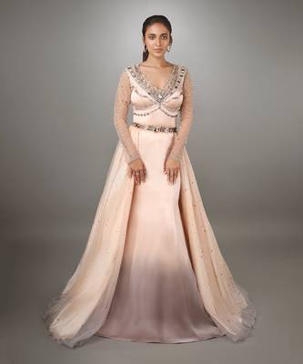 Peach And Grey Shaded Satin Gown 1