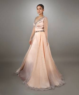 Peach And Grey Shaded Satin Gown 2