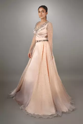 Peach And Grey Shaded Satin Gown