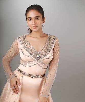 Peach And Grey Shaded Satin Gown 3