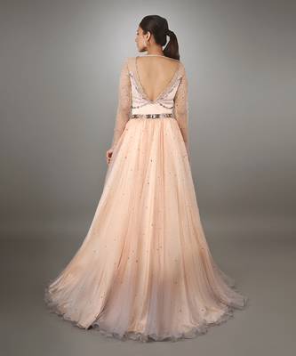 Peach And Grey Shaded Satin Gown 4