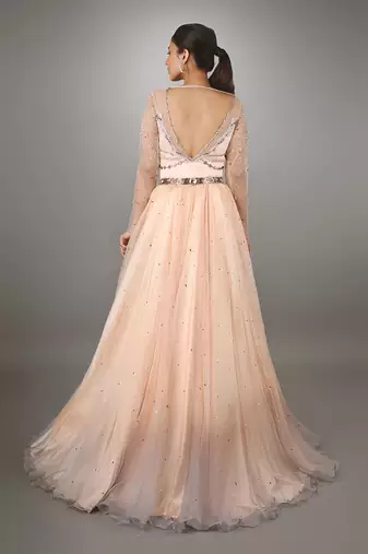 Peach And Grey Shaded Satin Gown