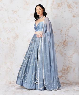 Baroque Flower Pigeon Blue Lehenga Set 1
