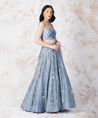 Baroque Flower Pigeon Blue Lehenga Set 2