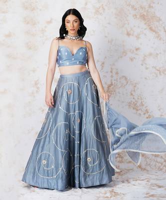 Baroque Flower Pigeon Blue Lehenga Set 3