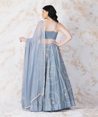 Baroque Flower Pigeon Blue Lehenga Set 4