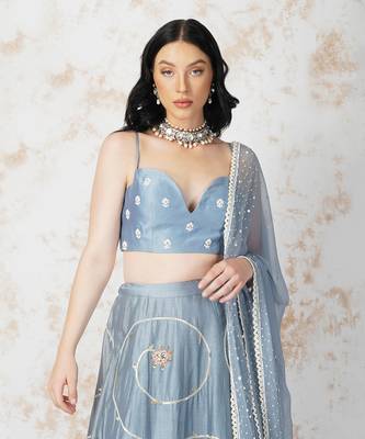 Baroque Flower Pigeon Blue Lehenga Set 5