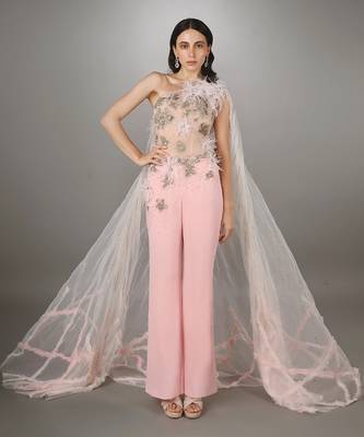 Pink Embroidered Bodice Textured Cape Co-Ord Set  1