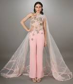 Pink Embroidered Bodice Textured Cape Co-Ord Set 